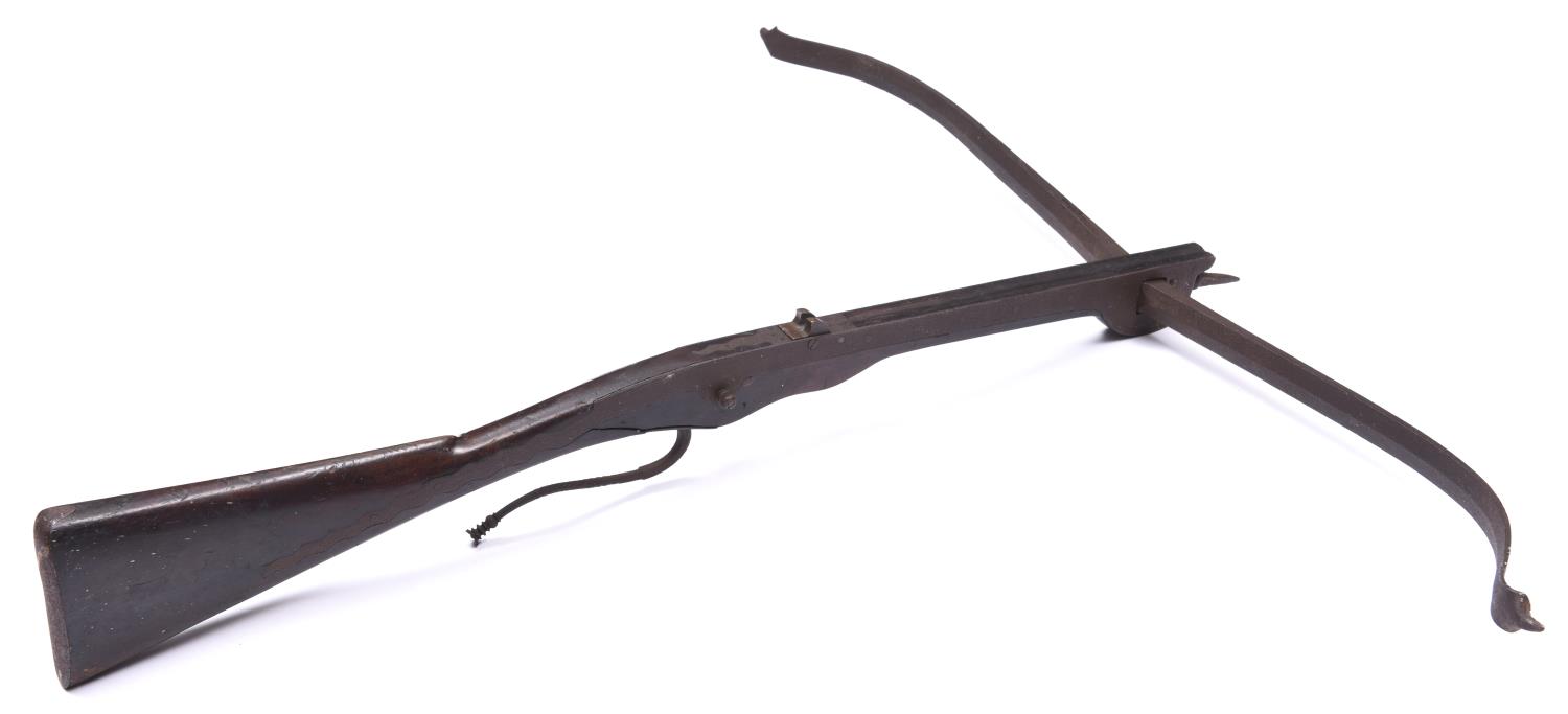 A mid 18th century crossbow, steel span 36", dark walnut stock 35" with wavy steel sideplates, - Image 3 of 3