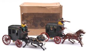 2 Johillco Stage Coaches. Both in dark green with red wheels, each has 2 brown and white horses,