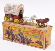 A Morestone Walt Disney "Davy Crockett" frontier wagon in red with yellow wheels and shaft,4 metal