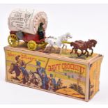 A Morestone Walt Disney "Davy Crockett" frontier wagon in red with yellow wheels and shaft,4 metal