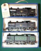 3 finely restored 2/3 rail Hornby Dublo class N2 0-6-2 tank locomotives. One in GNR lined green