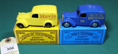 2 ODGI white metal toys. Both Jowett Bradford Vans. One in Hovis Bread yellow livery with black