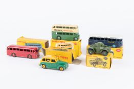 5x Dinky Toys. Double Deck bus (290) in green and cream with Dunlop adverts. Duple Roadmaster