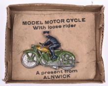 A rare model Motor cycle possibly by Crescent / Charbens, comes in green with detachable rider,