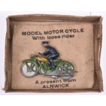 A rare model Motor cycle possibly by Crescent / Charbens, comes in green with detachable rider,