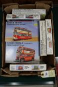11x unmade plastic tram and bus kits in 4mm scale, 1/76 scale, by Tower Models/Tower Trams. 9x