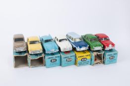 7x Corgi Toys cars. Riley Pathfinder in red (205). Hillman Husky in fawn (206). Ford Consul in green