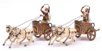 A pair of Johillco Roman Chariots. Chariots for Chariot races, each with 2 white horses with