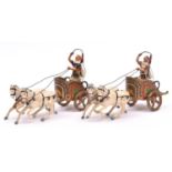 A pair of Johillco Roman Chariots. Chariots for Chariot races, each with 2 white horses with