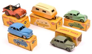 5x Dinky Toys. Austin Devon (152) in grey-green. Standard Vanguard (153) in blue with cream