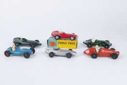 6 various single seat racing cars. Corgi Toys Vanwall F1 GP (150S) in bright red, RN25, complete