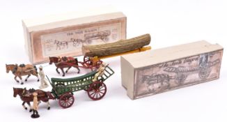 2 horse drawn Charbens wagons. A Tree Wagon, a yellow wagon with red spoked wheels and shafts, two
