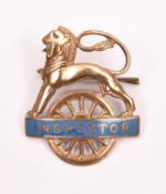 British Railways (Eastern Region) INSPECTOR cap badge. Brass and blue enamel lion over wheel, with 2