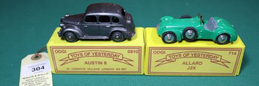 2 ODGI white metal toys. Austin8 in grey with grey wheels. Together with an Allard J2X in green with