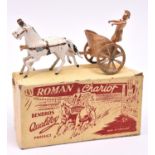 Benbros Qualitoys Roman Chariot,finished in gold with Roman centurion figure and 2 galloping white