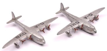 2 Dinky Toys Empire Flying Boats. Corsair G-A DVB and Canopus G-A DHL. Both in silver with brass