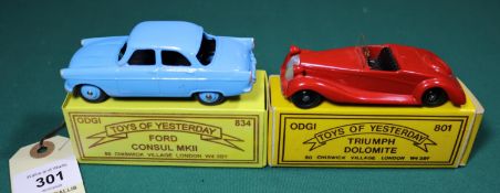 2 ODGI white metal toys. Ford Consul MkII in light blue with light blue wheels. Together with a