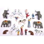 Britains Circus animals and figures from the Britain's Circus sets. 18 pieces comprising 5 horses- 2