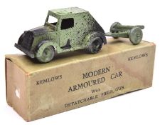 A Kemlow Product, modern Armoured Car finished in green and black, with Detachable Field Gun. boxed,