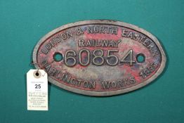 An LNER Locomotive oval brass worksplate from a Gresley V2 Class 2-6-2, 60854 Built at Darlington