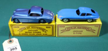 2 ODGI white metal toys. A Jaguar XK150 Coupe in metallic light blue with blue wheels and a Jaguar