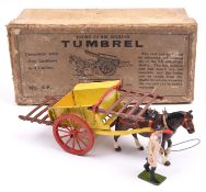 A Britains Home Farm Series Tumbrel No.4F. A die-cast example finished in yellow with red wheels and