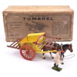 A Britains Home Farm Series Tumbrel No.4F. A die-cast example finished in yellow with red wheels and