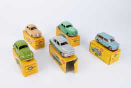 5x Dinky Toys. Rover 75 (156) in two-tone green. Austin A30 (160) in fawn with grey wheels. Vauxhall