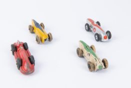 4 Dinky Toys. 3x Racing Cars (23a). One in cream with green centre flash and grille, black wheels RN