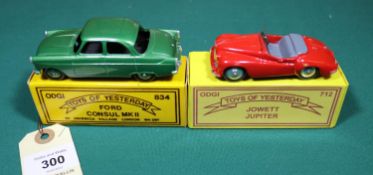 2 ODGI white metal toys. Ford Consul MkII in metallic green with metallic green wheels. Together