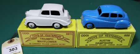 2 ODGI white metal toys. Austin Hampshire in mid-blue with mid-blue wheels. Together with a