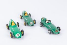 3 Dinky Toys Vanwall Racing Cars (239). Two in green with yellow wheels and drivers RN 35.