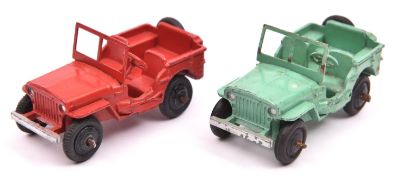 2 Dinky Toys Civilian Jeeps (25J). An example in bright red and another in light green, both with