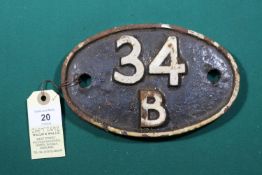 Locomotive shedplate 34B Grantham 1950-1958. Cast iron plate in good, believed to be unrestored,