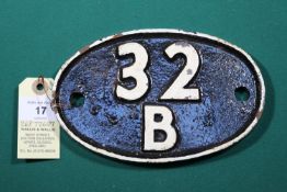 Locomotive shedplate 32B Ipswich 1950-1968. Cast iron plate in very good, believed to be unrestored,