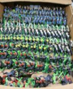 100+ Britains Deetail Mongolian plastic figures with various weapons on diecast bases, helmets in