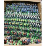 100+ Britains Deetail Mongolian plastic figures with various weapons on diecast bases, helmets in