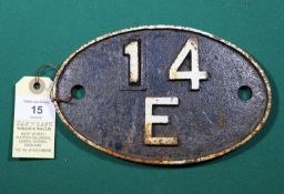 Locomotive shedplate 14E Bedford 1958-1963. Painted to reverse; 4472/262/84. Cast iron plate in