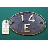Locomotive shedplate 14E Bedford 1958-1963. Painted to reverse; 4472/262/84. Cast iron plate in