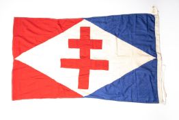 A Free French Cross of Lorraine flag, of stitched construction, 60" x 36", marked "London 1943" on