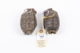 A WWI Mills bomb, dated 1916; also a WWII 36 grenade. GC £50-80 Buyer collects