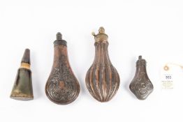 A small embossed copper powder flask "Panel" (R463 with common top), 4½" overall, the spring seized;