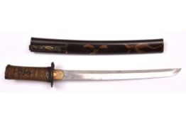 A nicely mounted short wakizashi with o-suriage unsigned blade 31.4cms, some chips and edge nicks.