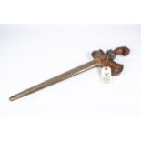 A good Malay kris, 2 tone wavy blade 12½", heavily carved wood hilt with jewelled brass base