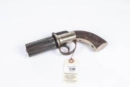 A 6 shot 120 bore self cocking bar hammer percussion pepperbox revolver, 7½" overall, barrels 2¾"