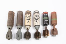 6 WWII etc 2" mortar bombs, all minus detonator fuse front section. GC (6) £30-40 Buyer collects