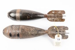 A WWII 3" mortar bomb, marked 8-40, original black paint, fuse not present, GC; another similar,