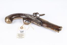 A French or Belgian brass barrelled flintlock blunderbuss pistol c 1800, 11" overall, 3 stage barrel