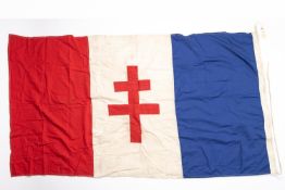 A Free French flag 60" x 32", stitched construction, cross of Lorraine central motif, marked "London