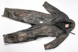 A Third Reich U boat crew full length 1 piece leather zip fronted suit, a very rare item in used